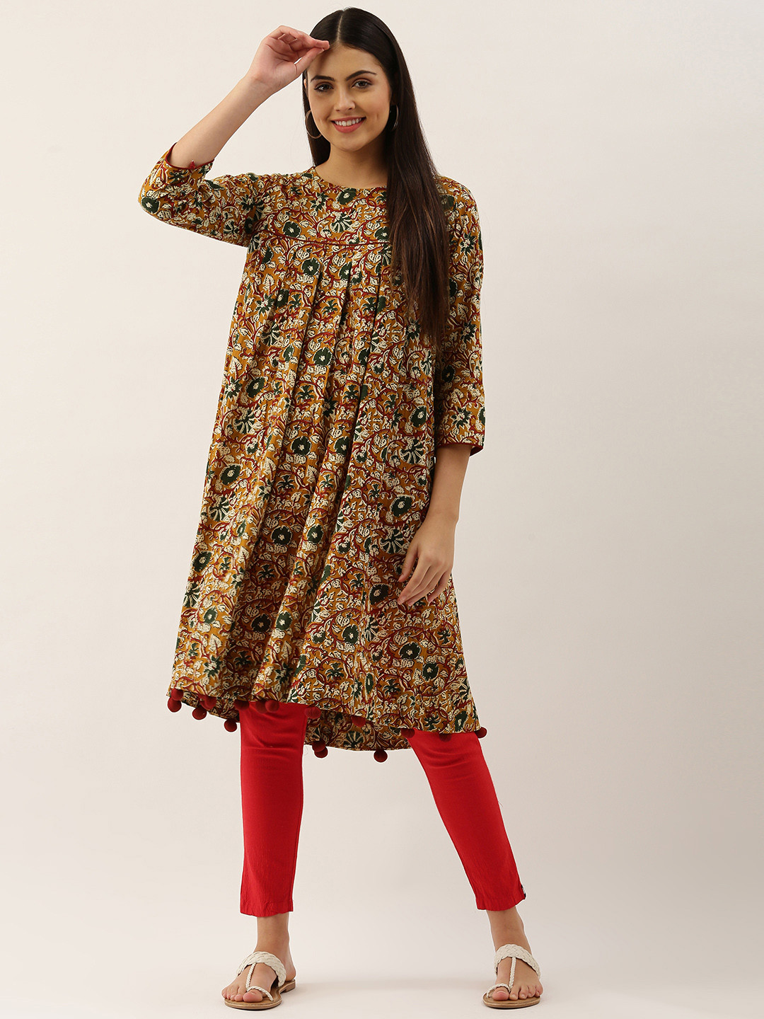 Saanjh Women Mustard Yellow & Green Floral Printed Floral Kurta