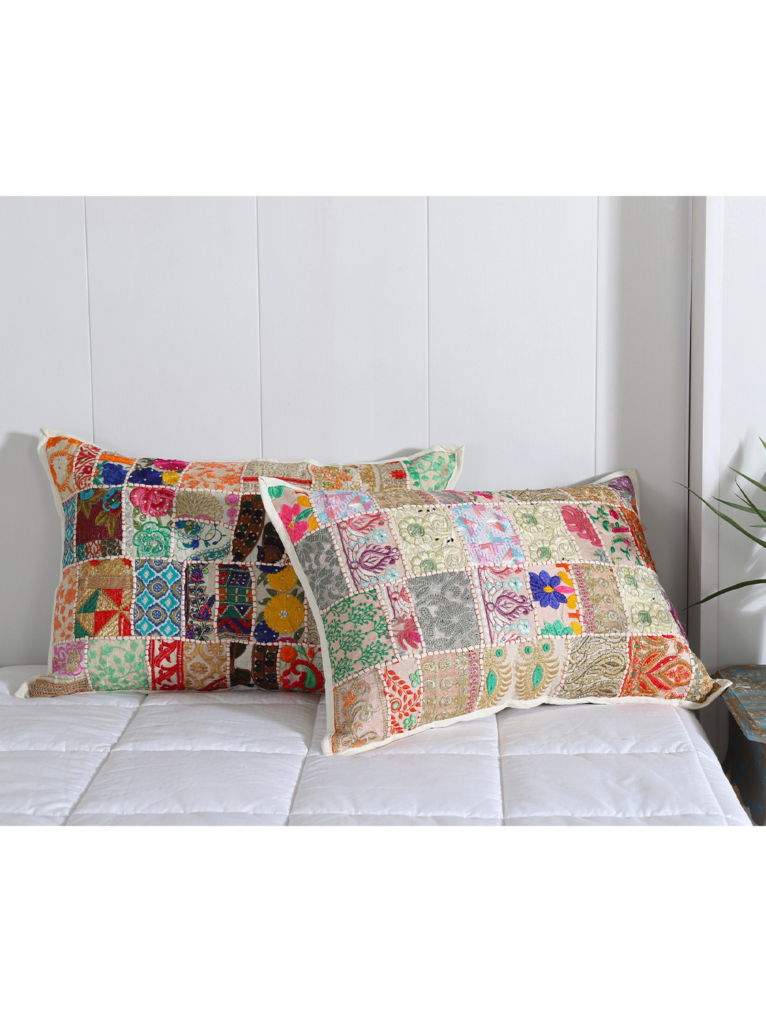 HANDICRAFT PALACE Set Of 2 Beige-Coloured Patchwork Embroidered Rectangular Pillow Covers