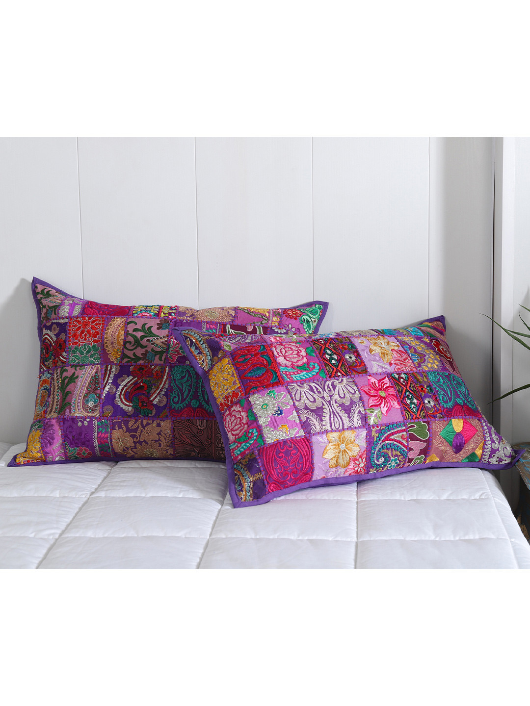 HANDICRAFT PALACE Set Of 2 Purple Patchwork Embroidered Rectangular Pillow Covers