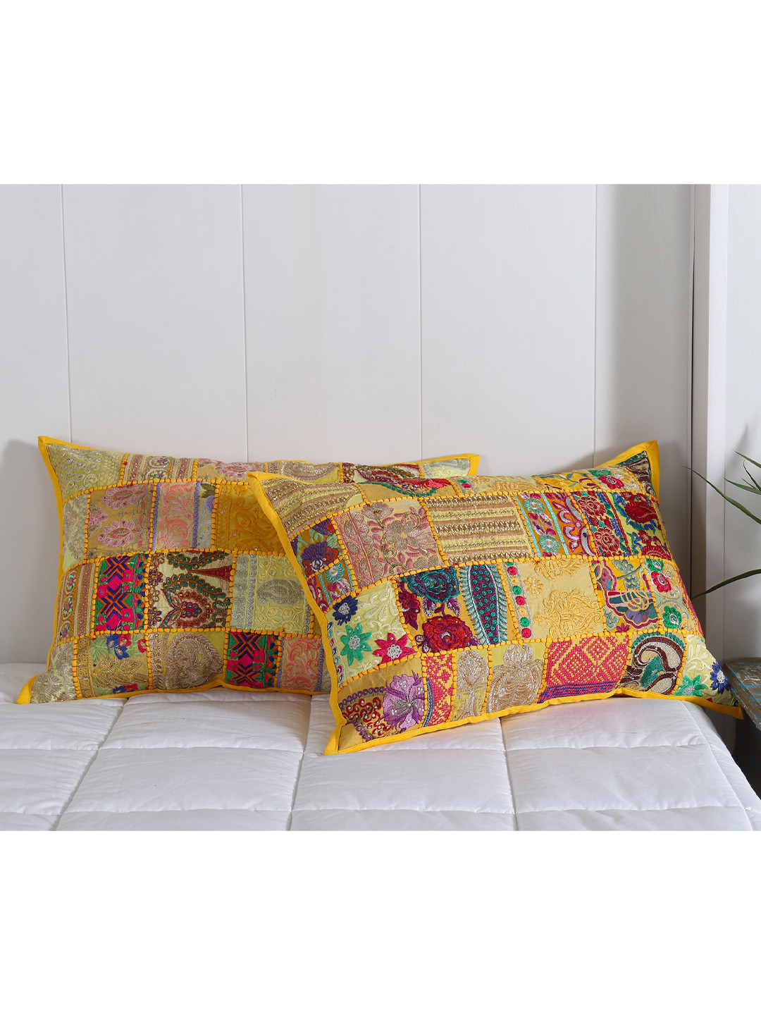 HANDICRAFT PALACE Set Of 2 Yellow Embroidered Pure Cotton Pillow Covers