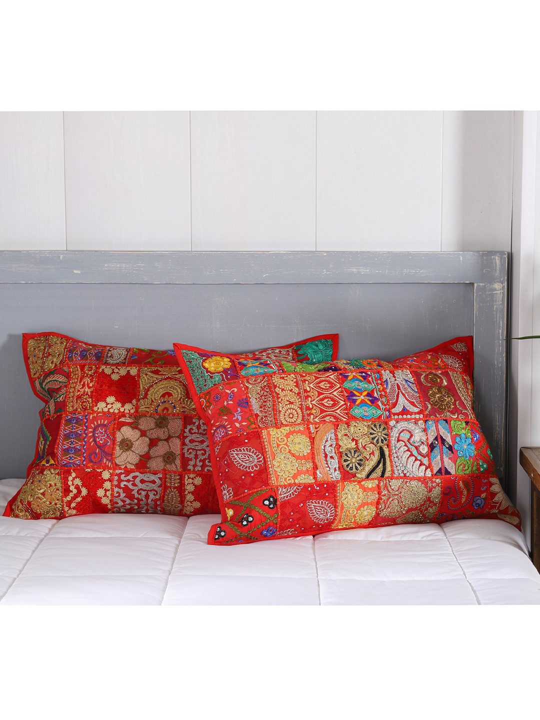 HANDICRAFT PALACE Set Of 2 Red Embroidered Pure Cotton Pillow Covers