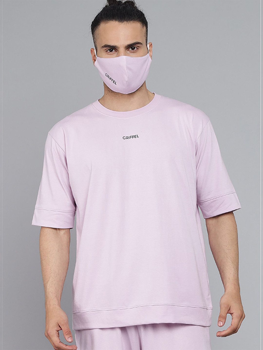 GRIFFEL Men Lavender Brand Logo Oversized  T-shirt with Mask