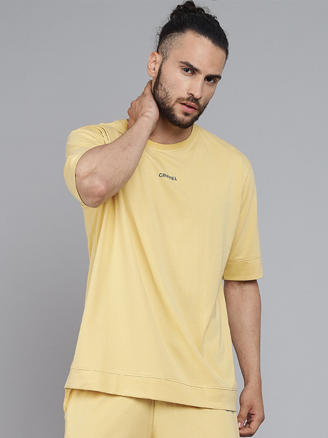 GRIFFEL Men Yellow Solid Oversized  T-shirt