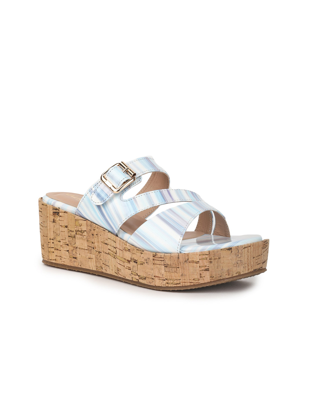 VALIOSAA Blue Striped Flatform Sandals with Buckles 2 Inch Heels