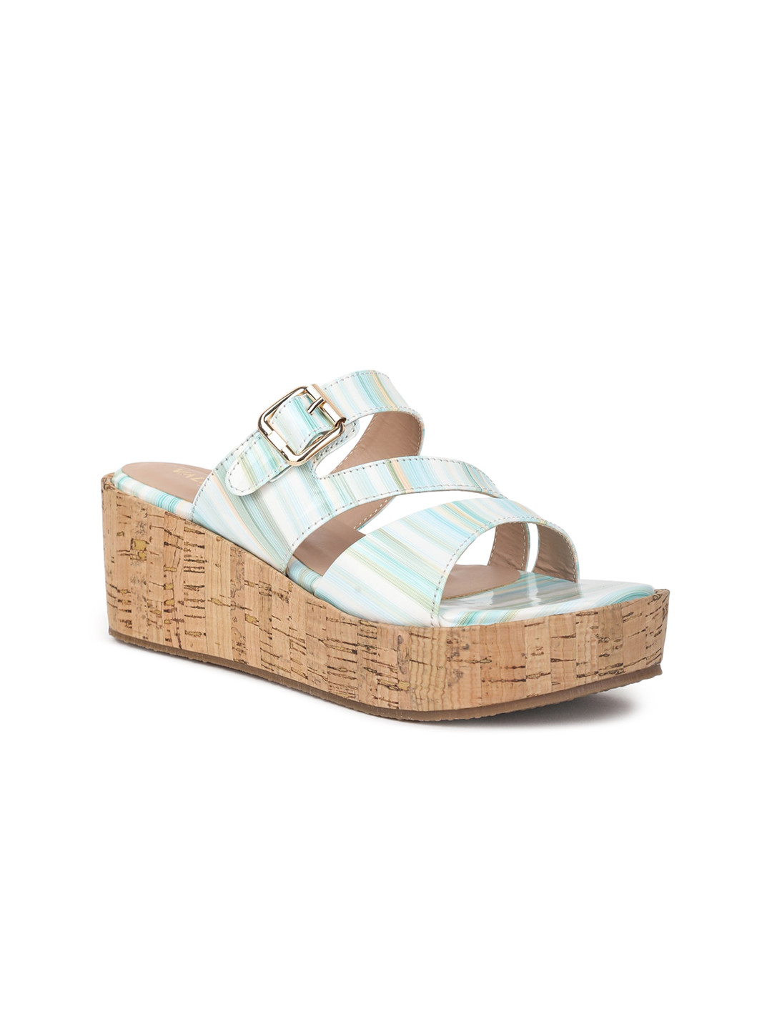 VALIOSAA Green Striped Flatform Sandals with Buckles 2 Inch Heels