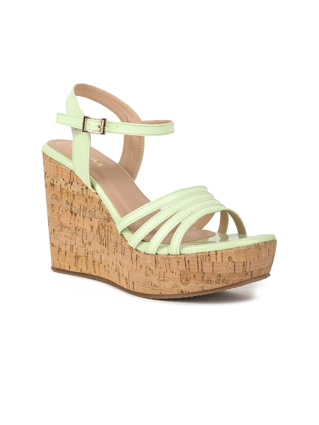 VALIOSAA Green Wedge Sandals with Buckles 4 Inch Heels