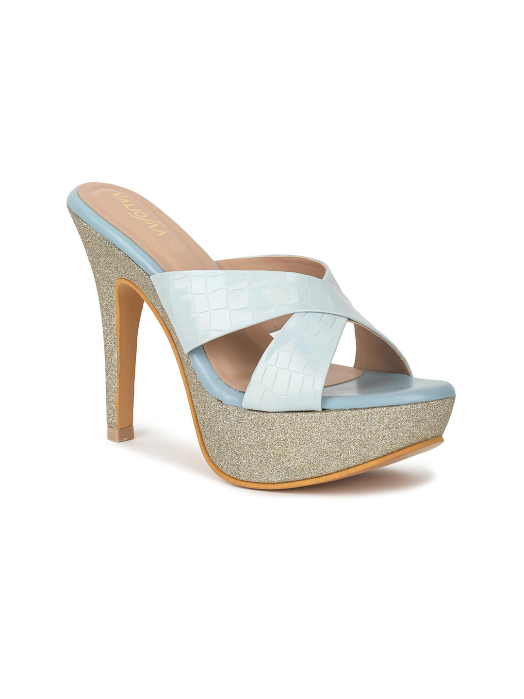 VALIOSAA Blue Textured Party Stiletto Sandals 5 Inch Heels