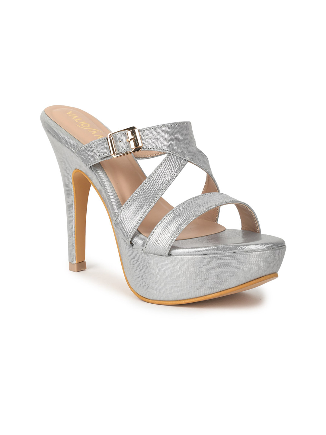 VALIOSAA Silver-Toned Textured Party Platform Sandals with Buckles 5 Inch Heels