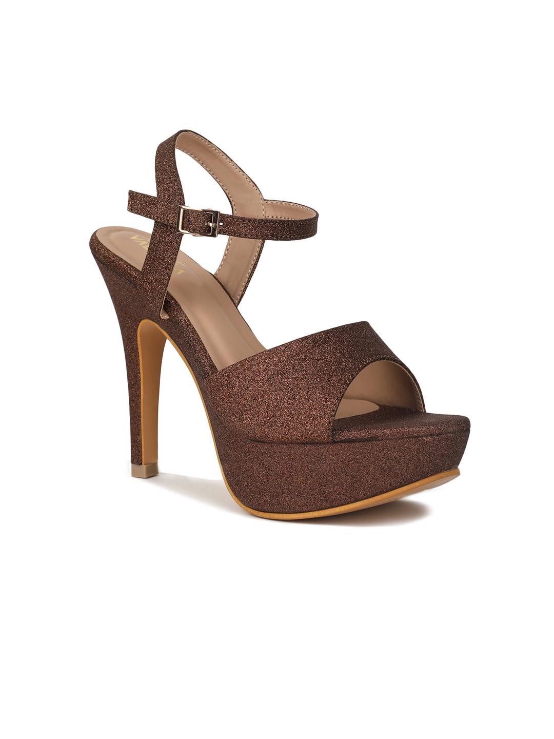 VALIOSAA Rust Embellished Party Platform Sandals with Buckles 5 Inch Heels