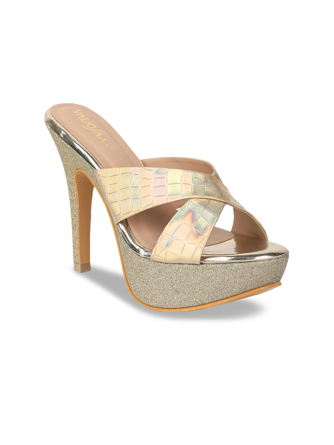 VALIOSAA Gold-Toned Textured Party Platform Sandals 5 Inch Heels
