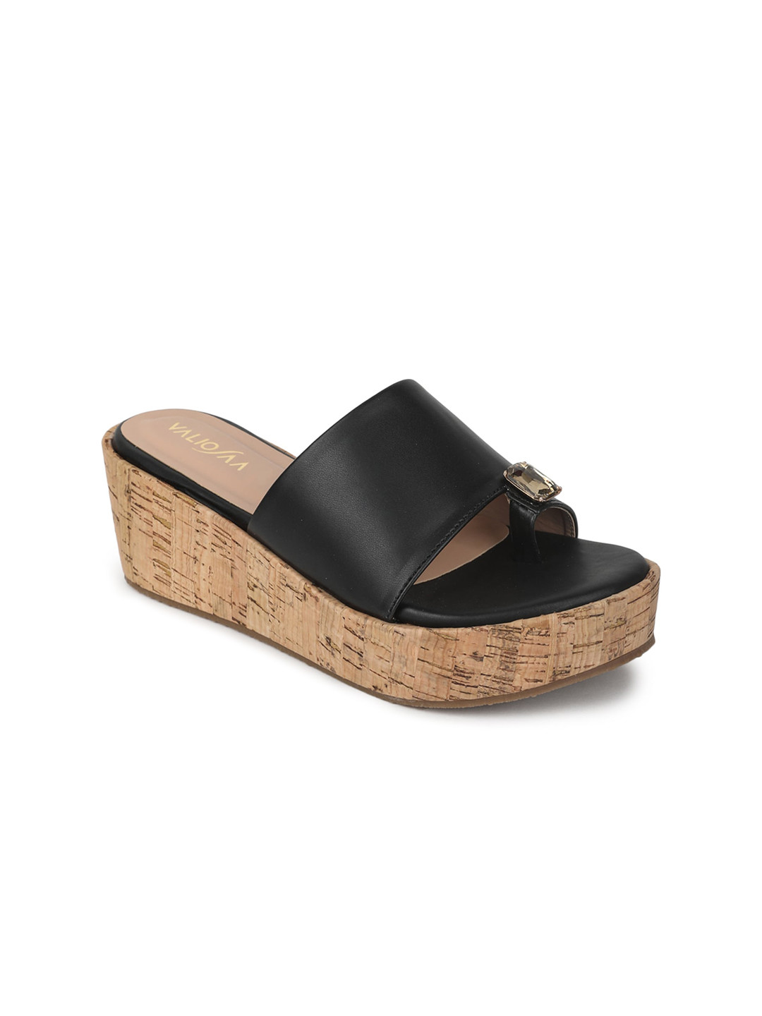 VALIOSAA Black Flatform Embellished Sandals 2 Inch Heels