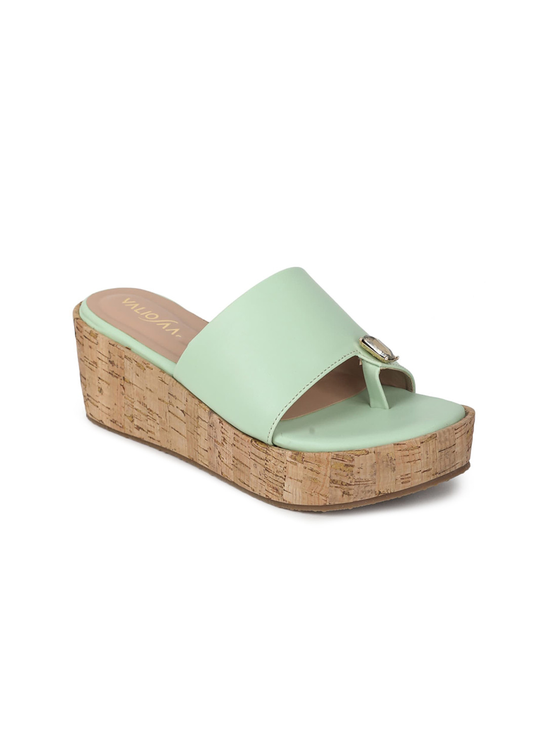 VALIOSAA Green Flatform Embellished Sandals 2 Inch Heels