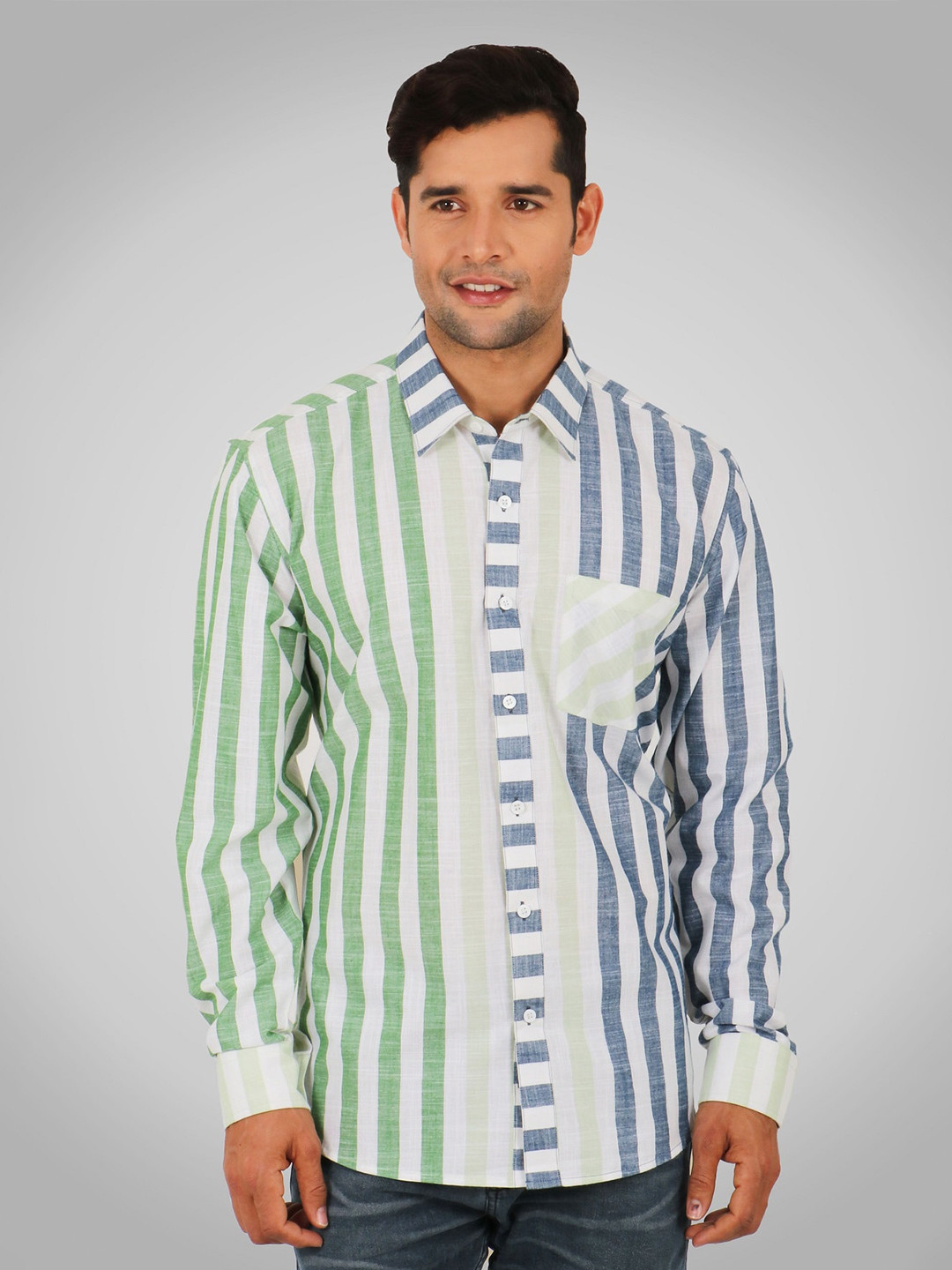 SHIRT THEORY Men Green & White Comfort Striped Casual Shirt