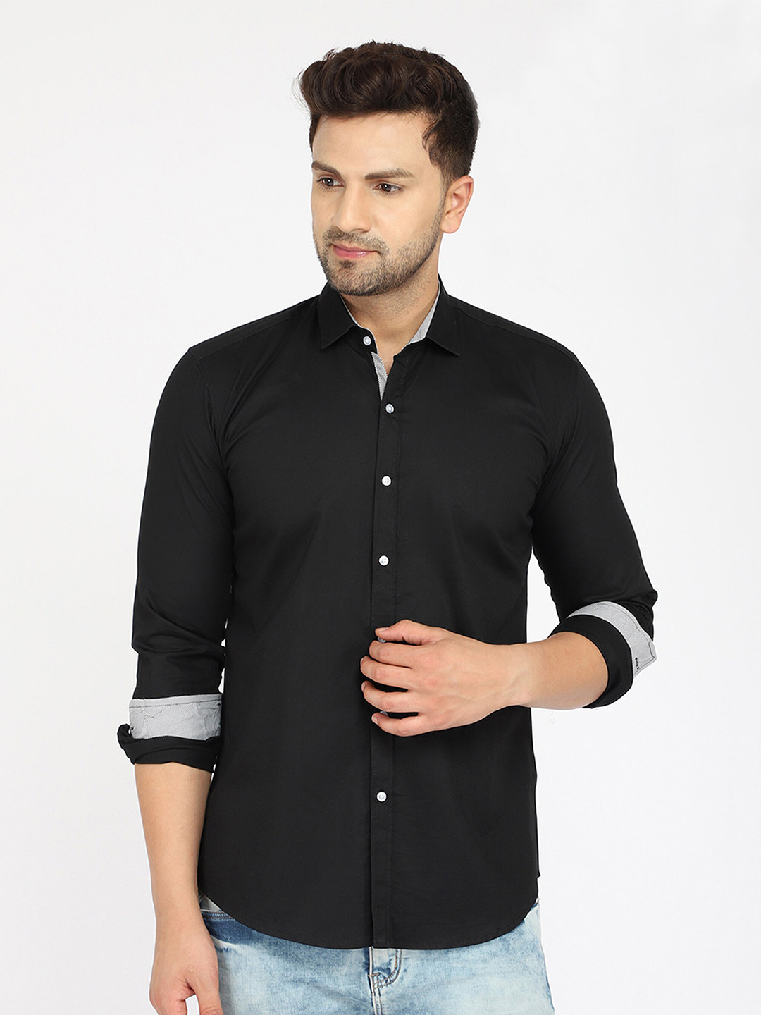 Zombom Men Black Regular Fit Solid Spread Collar Casual Shirt