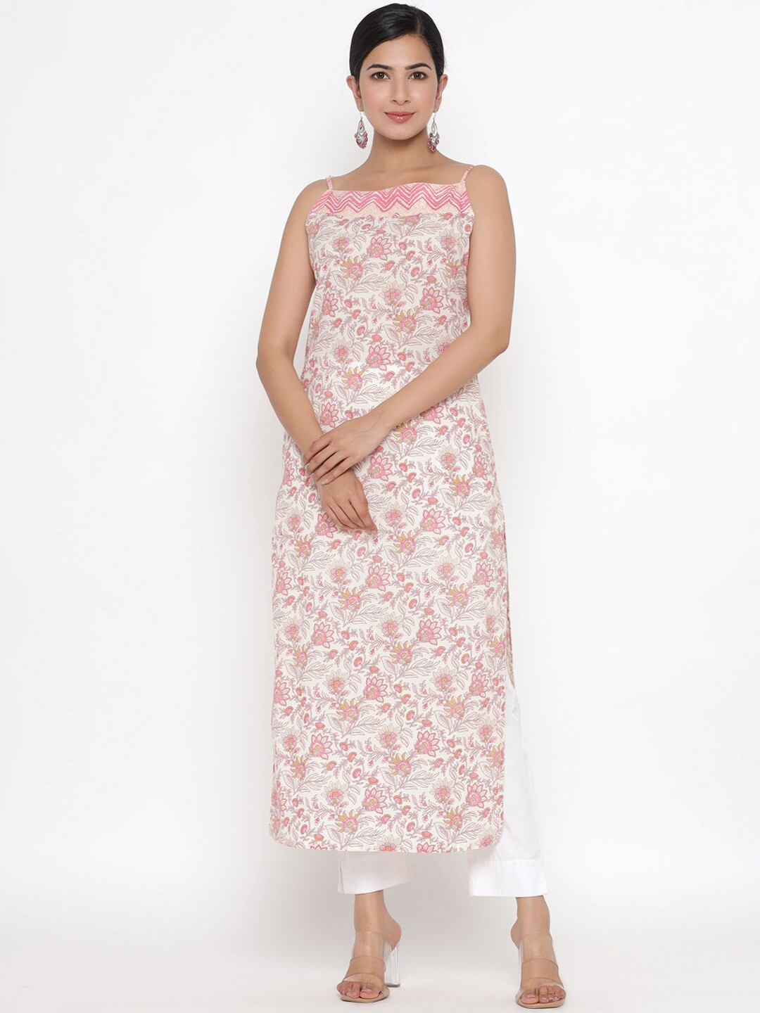 PINKVILLE JAIPUR Women Off White & Pink Floral Printed Kurta