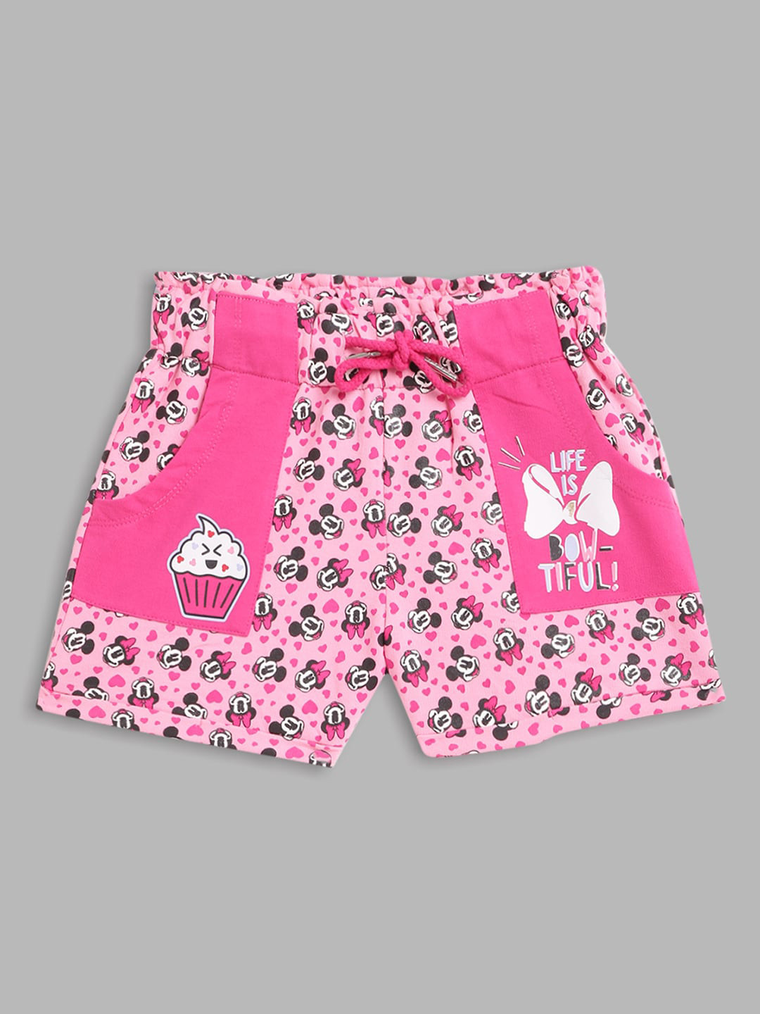 Blue Giraffe Girls Peach-Coloured Floral Printed Minnie Mouse Shorts