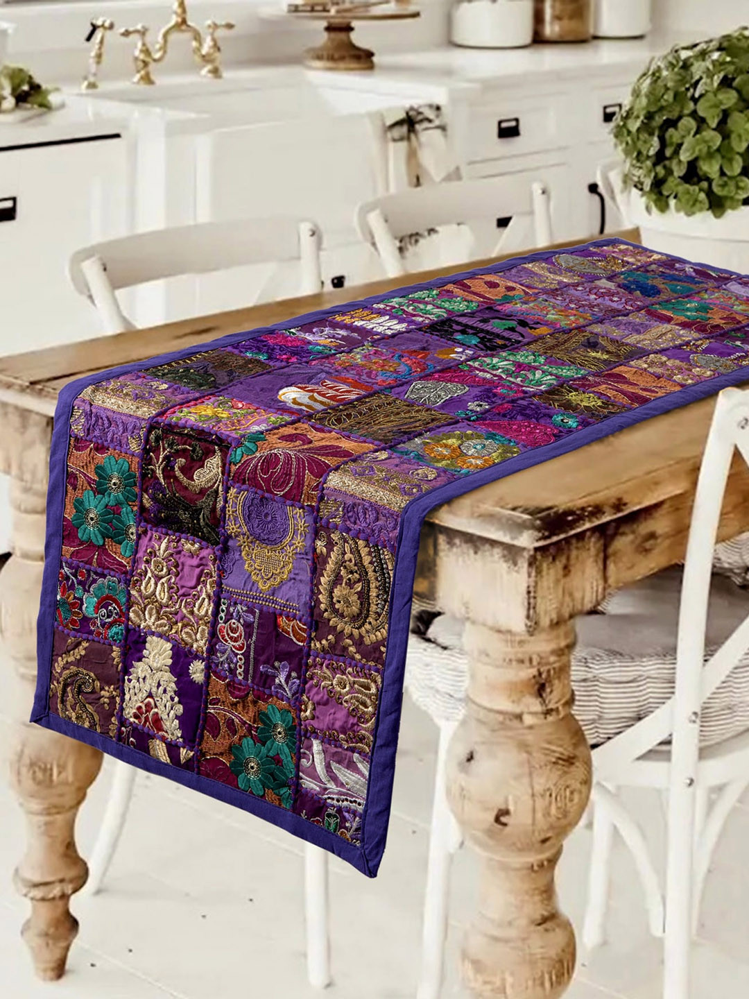 HANDICRAFT PALACE Purple & Multicoloured Cotton Khambadiya Patchwork Table Runner