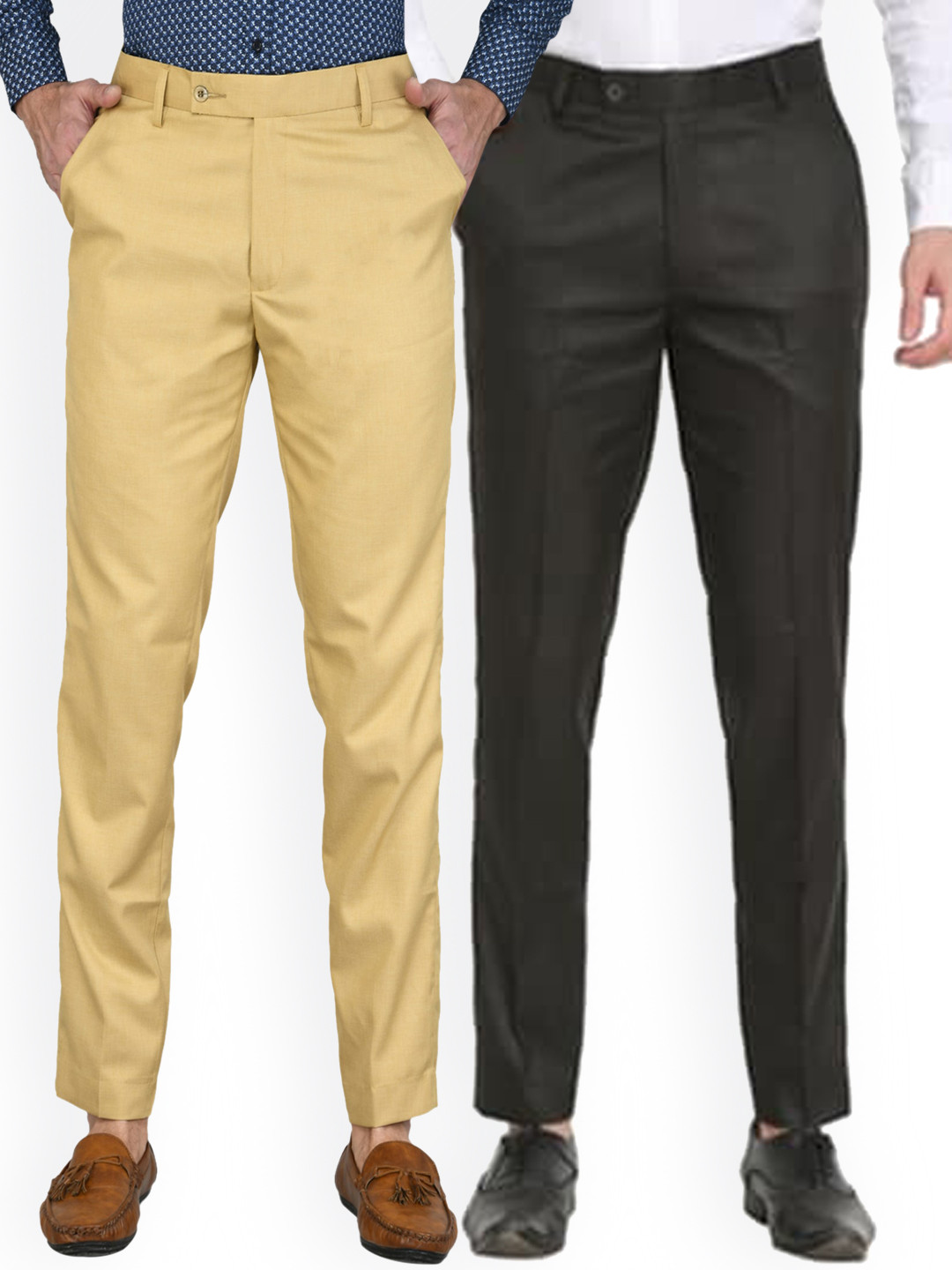 Sam and Jack Men Beige & Black  Pack of 2  Smart Chambray Trousers