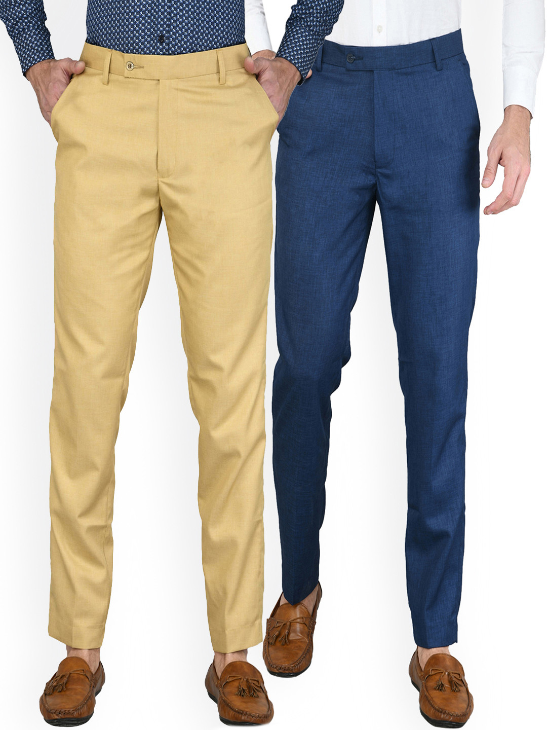 Sam and Jack Men Blue & Cream  Pack of 2 Smart Chambray Trousers
