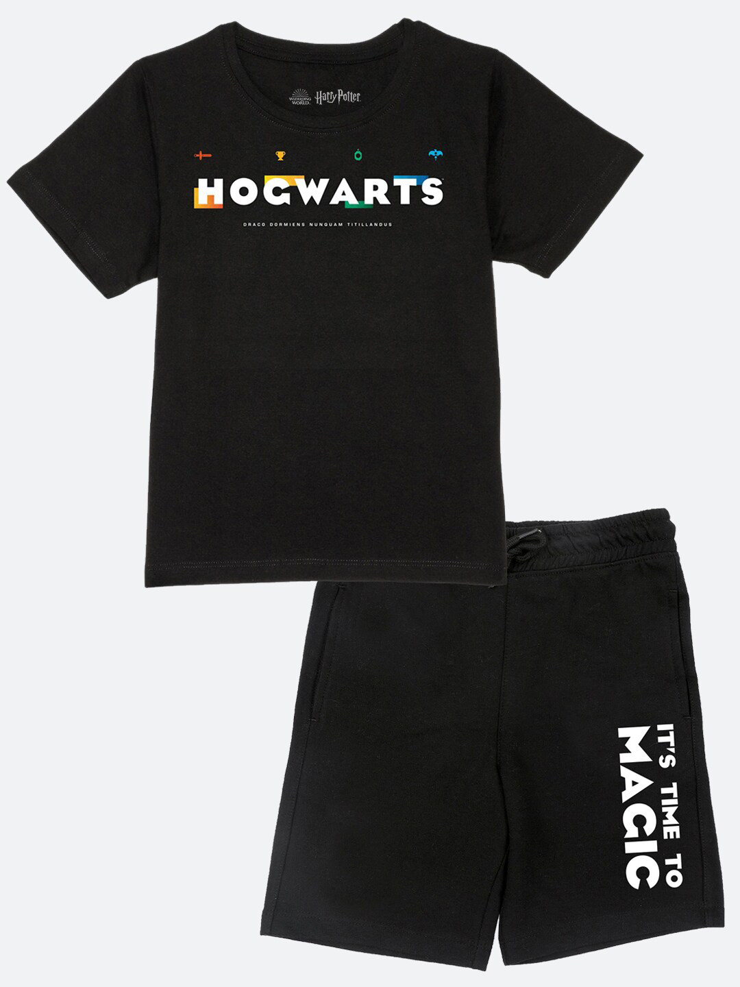 YK Warner Bros Boys Black & White Printed Regular Fit Cotton T-shirt with Shorts