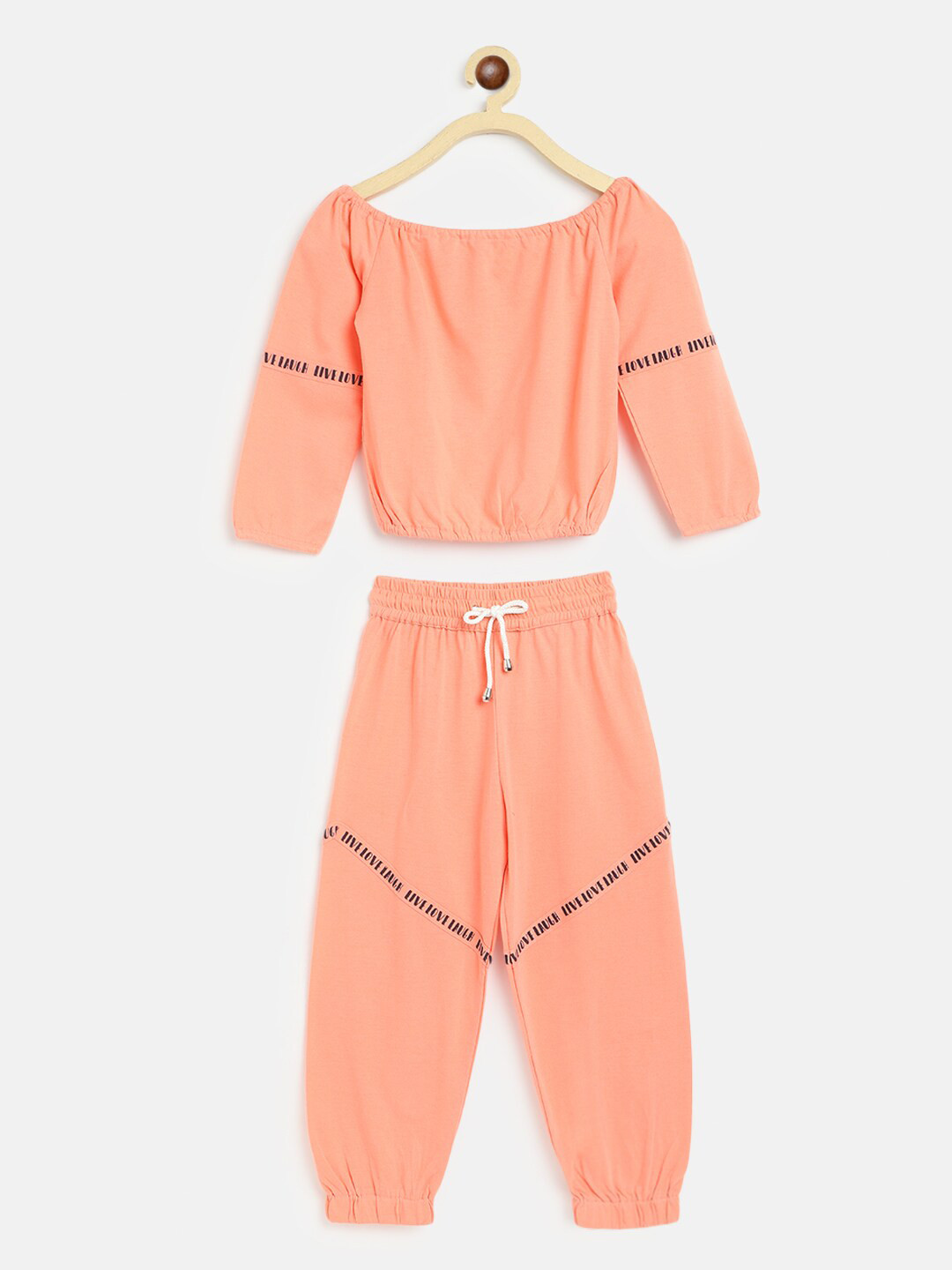am ma Kids Peach-Coloured & Black Solid Pure Cotton Top with Trousers