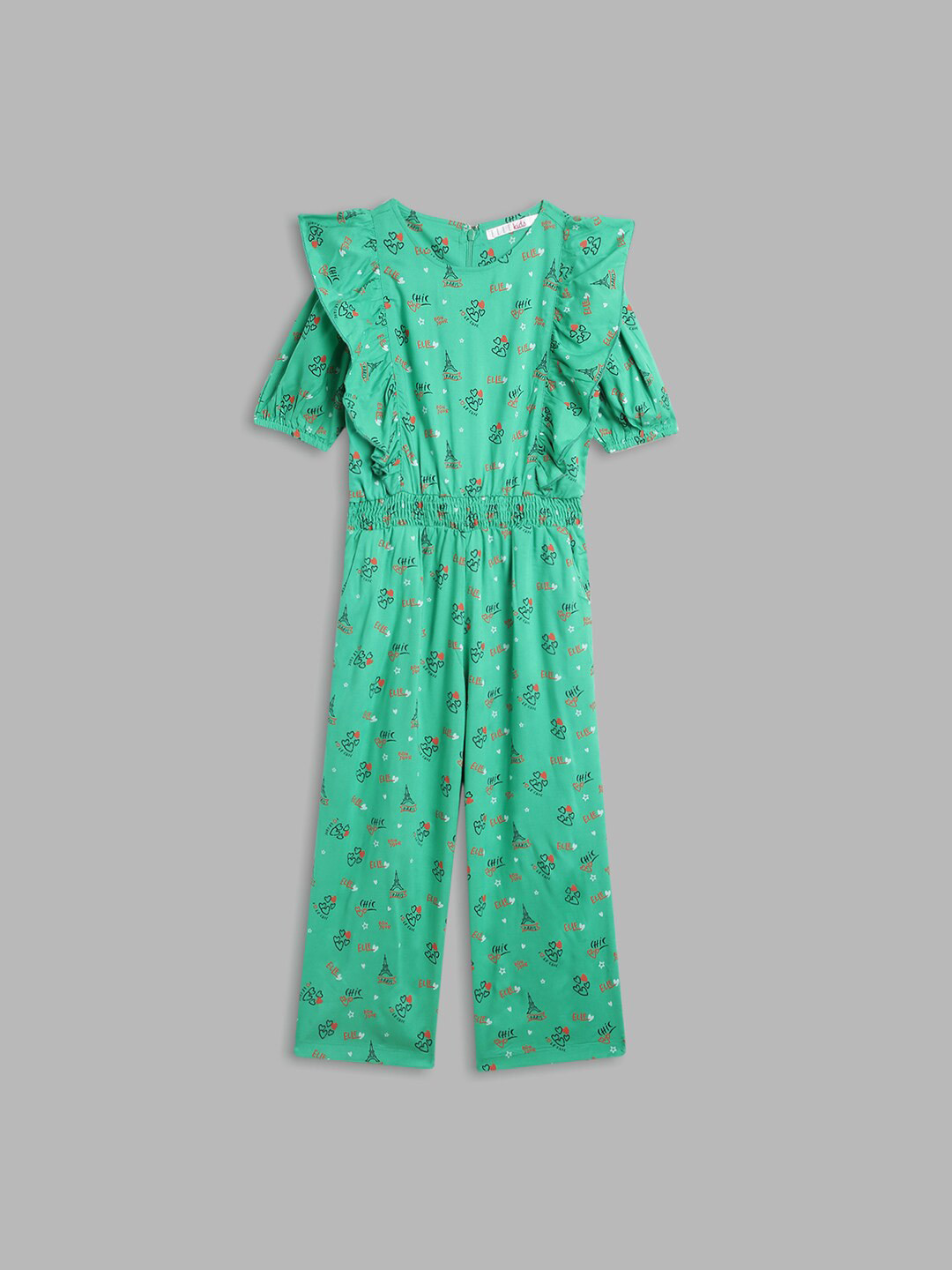 ELLE Girls Green Printed Basic Jumpsuit with Ruffles