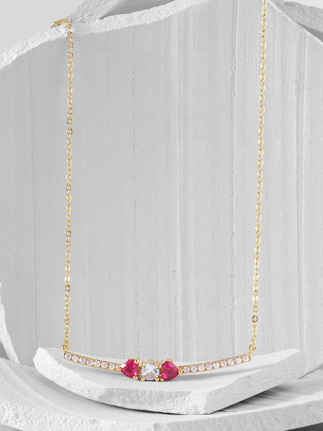 MINUTIAE Women Red Brass Gold-Plated Crystal Bar Pendant Necklace