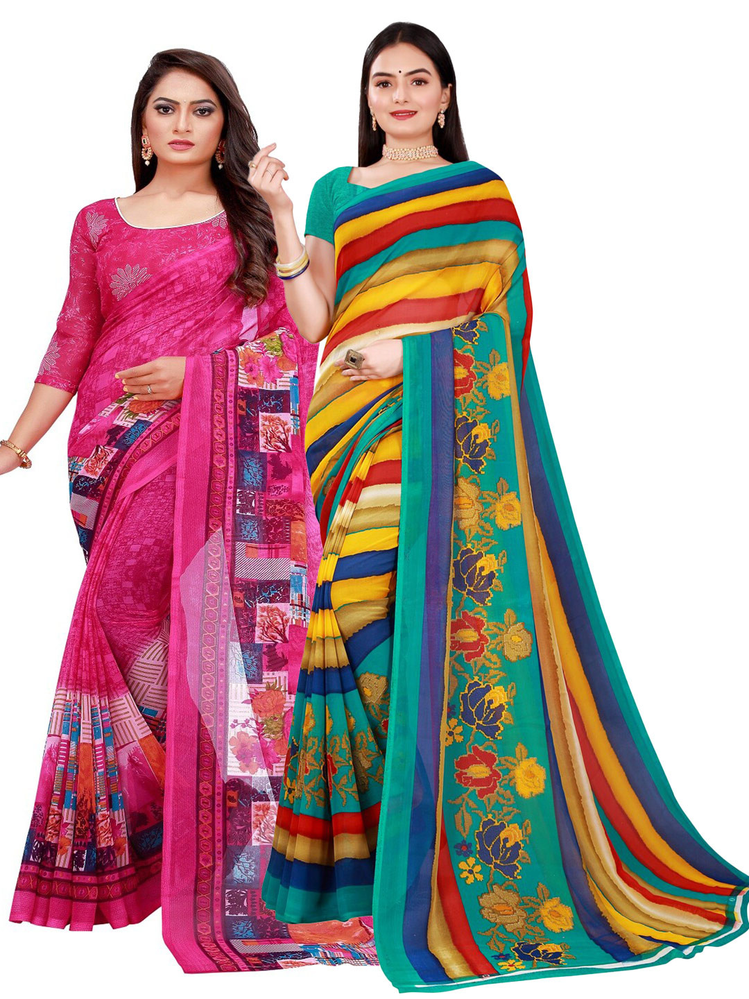 SAADHVI Pink & Sea Green Set Of 2 Floral Pure Georgette Saree