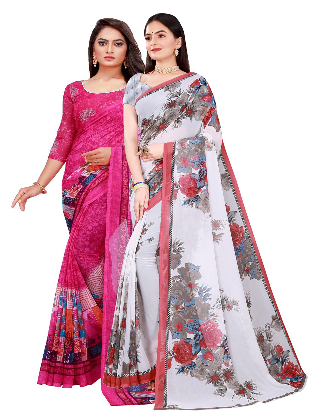 SAADHVI Magenta & White Printed Pure Georgette Saree Pack Of 2