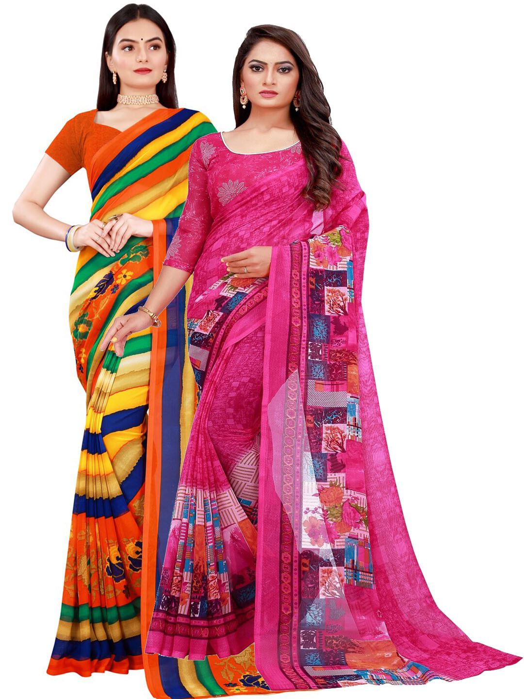 SAADHVI Magenta & Yellow Set Of 2 Floral Pure Georgette Saree