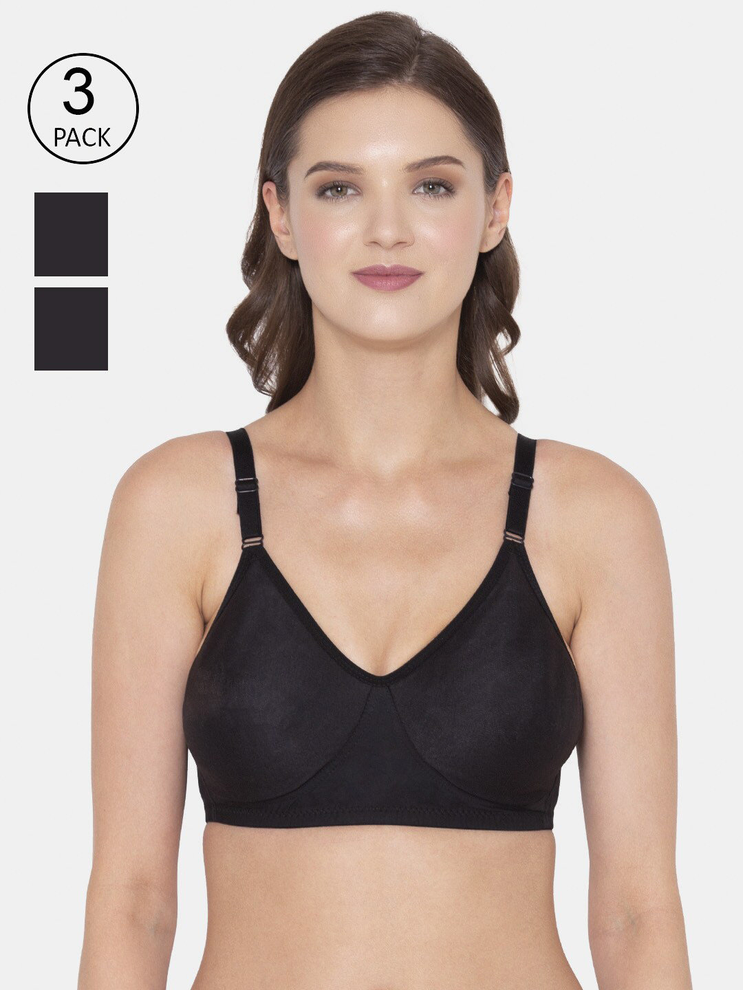 Souminie Black Solid Pack of 3 Cotton Seamless Bra with All Day Comfort