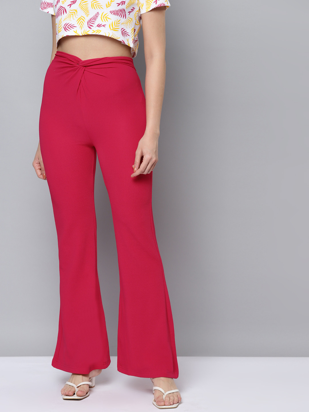 SASSAFRAS Women Fuchsia Slim Fit High-Rise Ruched Trousers