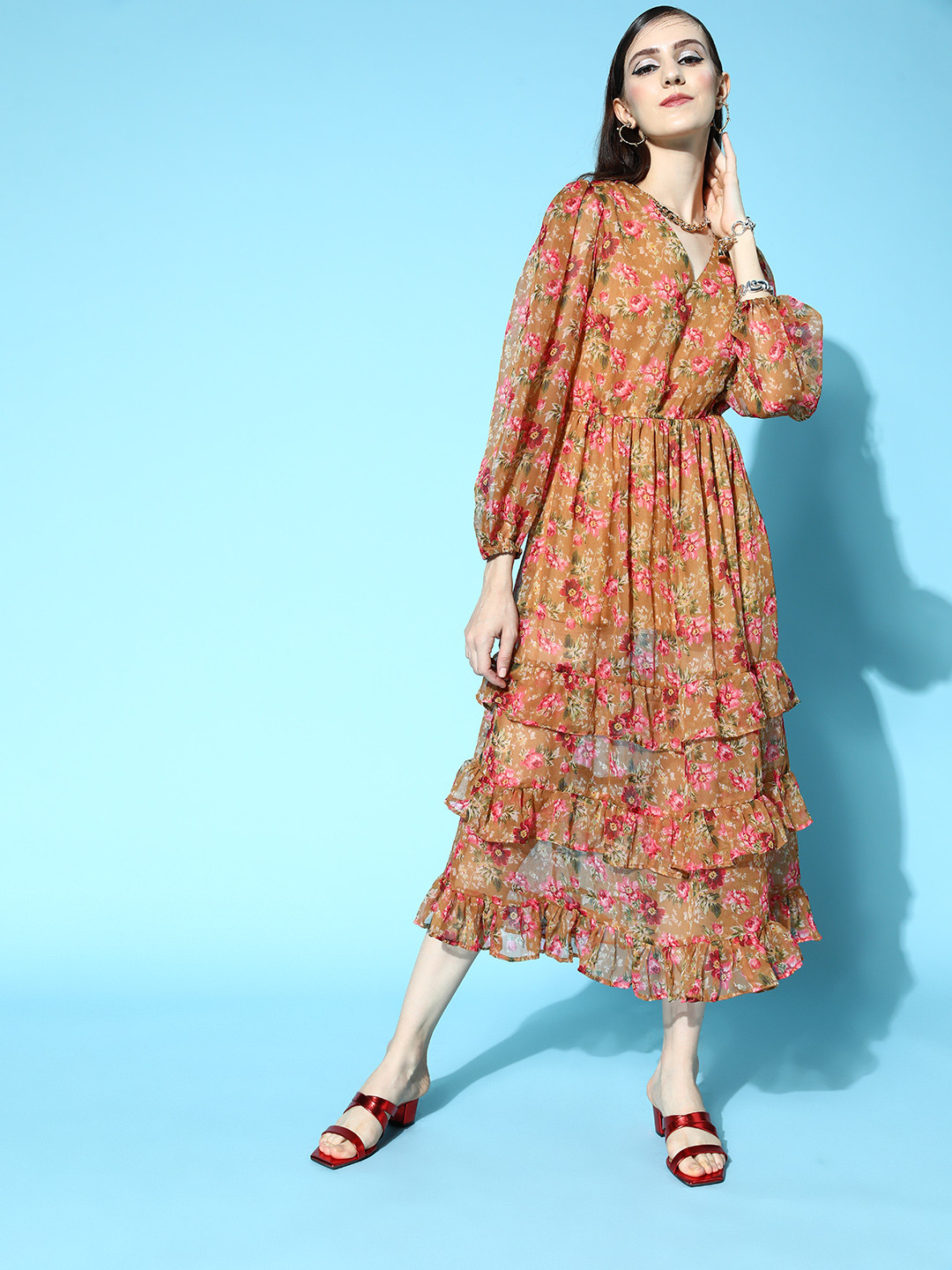 plusS Women Chic Brown Floral Volume Play Dress