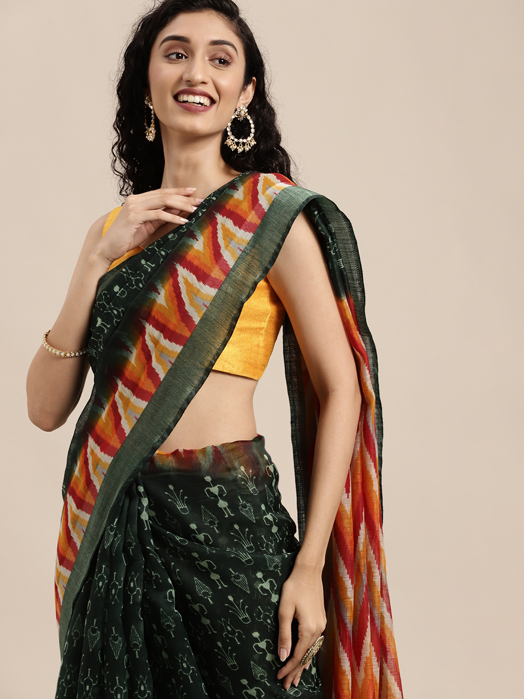 KALINI Green Warli Print Zari Silk Cotton Saree