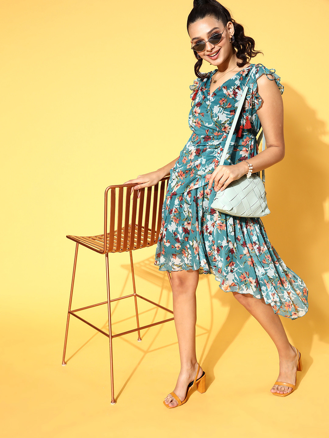 Antheaa Teal Floral Chiffon Midi Dress