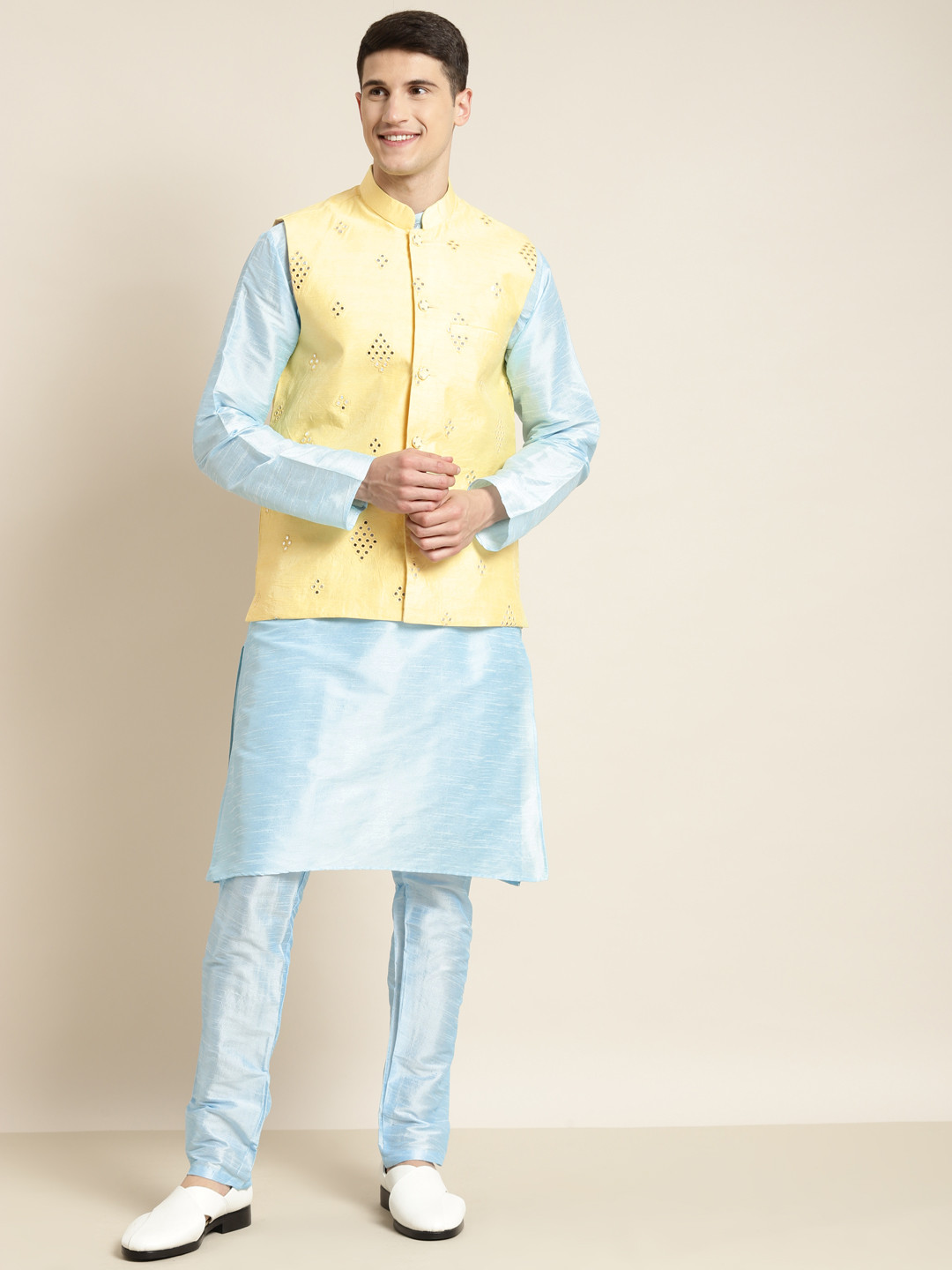 SOJANYA Men Blue Mirror Work Kurta with Churidar & Nehru Jacket