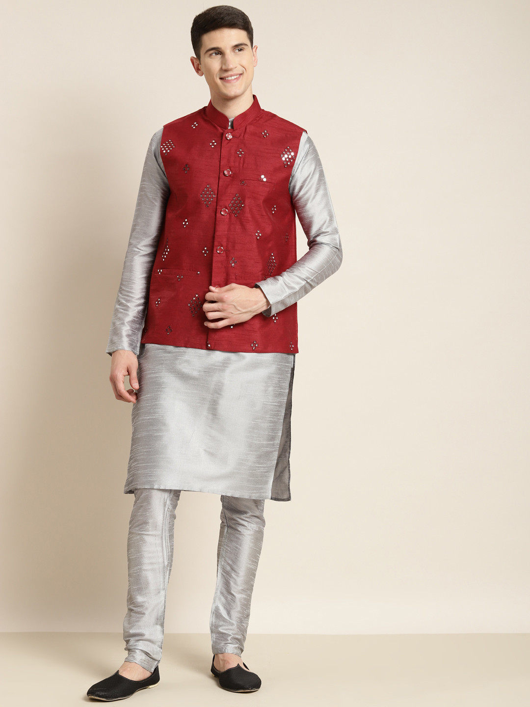 SOJANYA Men Grey Mirror Work Kurta with Churidar & Nehru Jacket