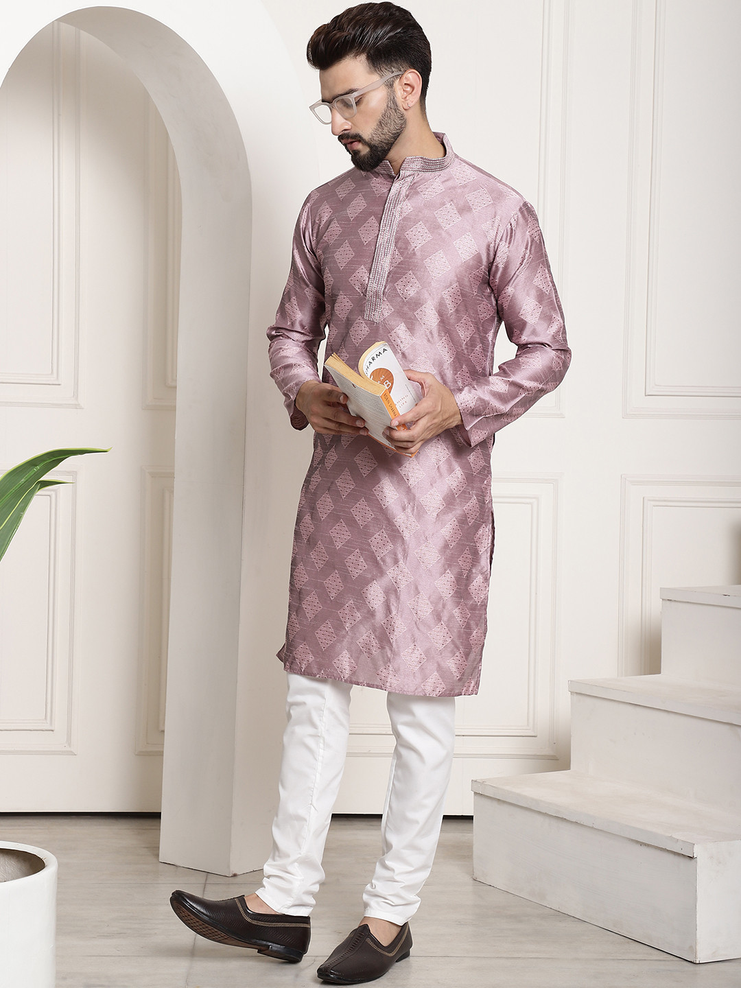 SOJANYA Men Purple Ethnic Motifs Thread Work Kurta with Churidar