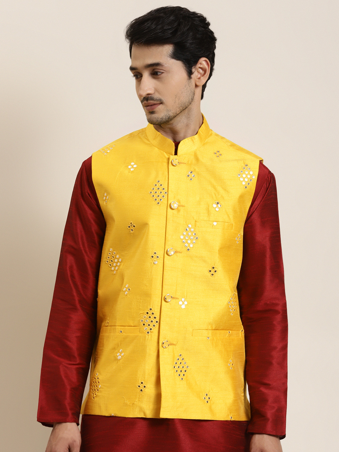 SOJANYA Men Yellow Mirror Work Nehru Jacket