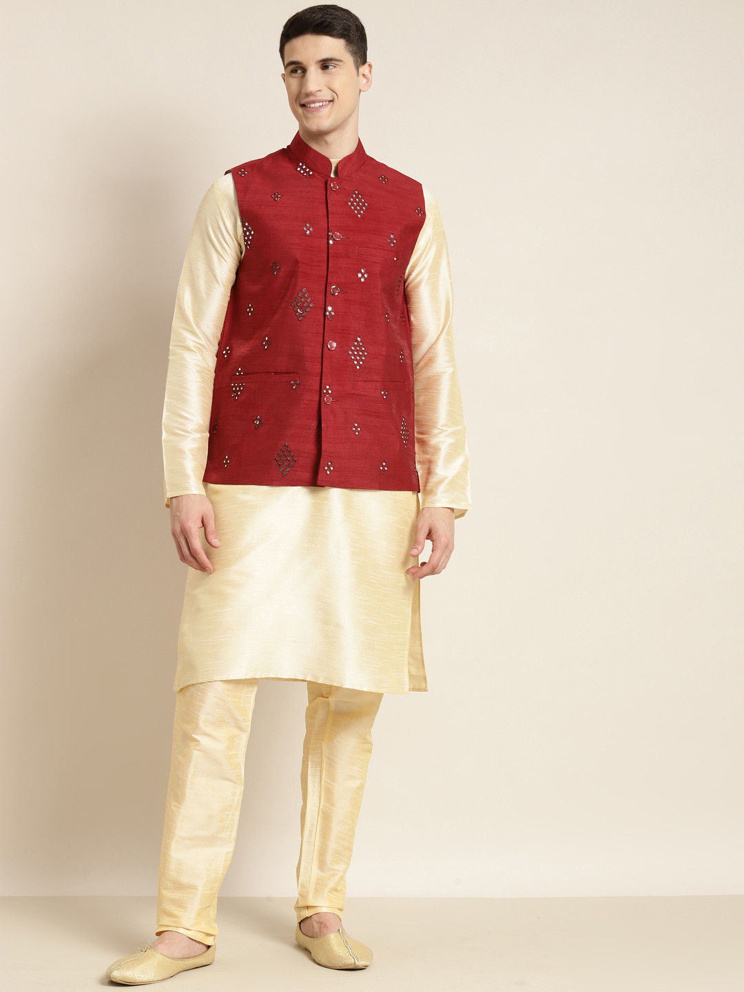 SOJANYA Men Maroon Mirror Work Nehru Jacket
