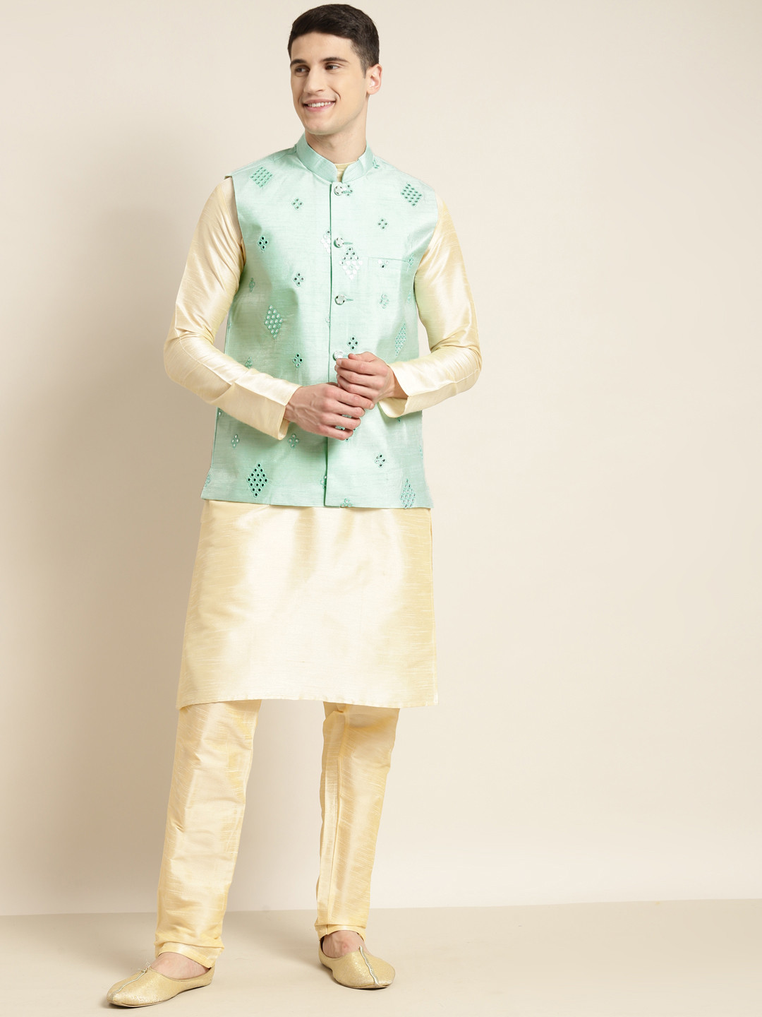 SOJANYA Men Sea Green Mirror Work Nehru Jacket