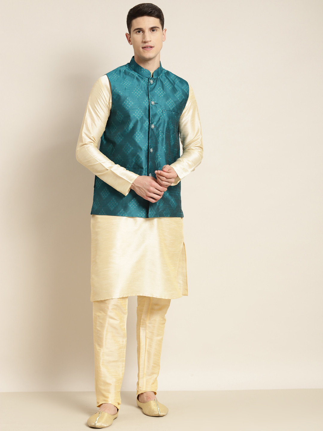SOJANYA Men Teal Blue & Golden Woven Design Nehru Jacket