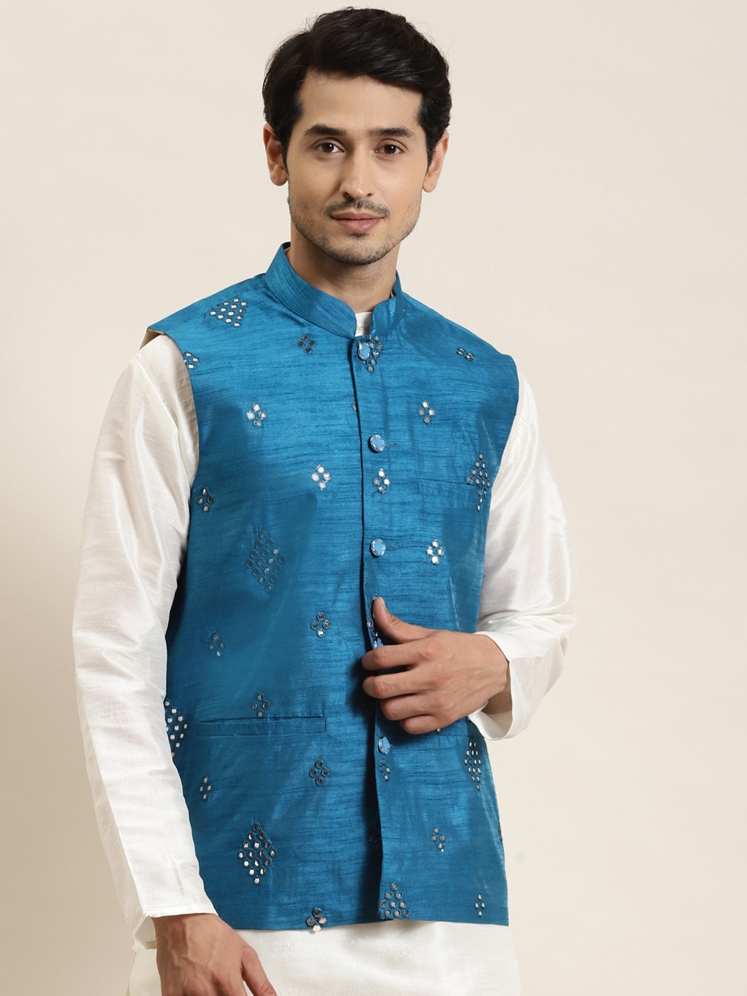 SOJANYA Men Blue Mirror Work Nehru Jacket