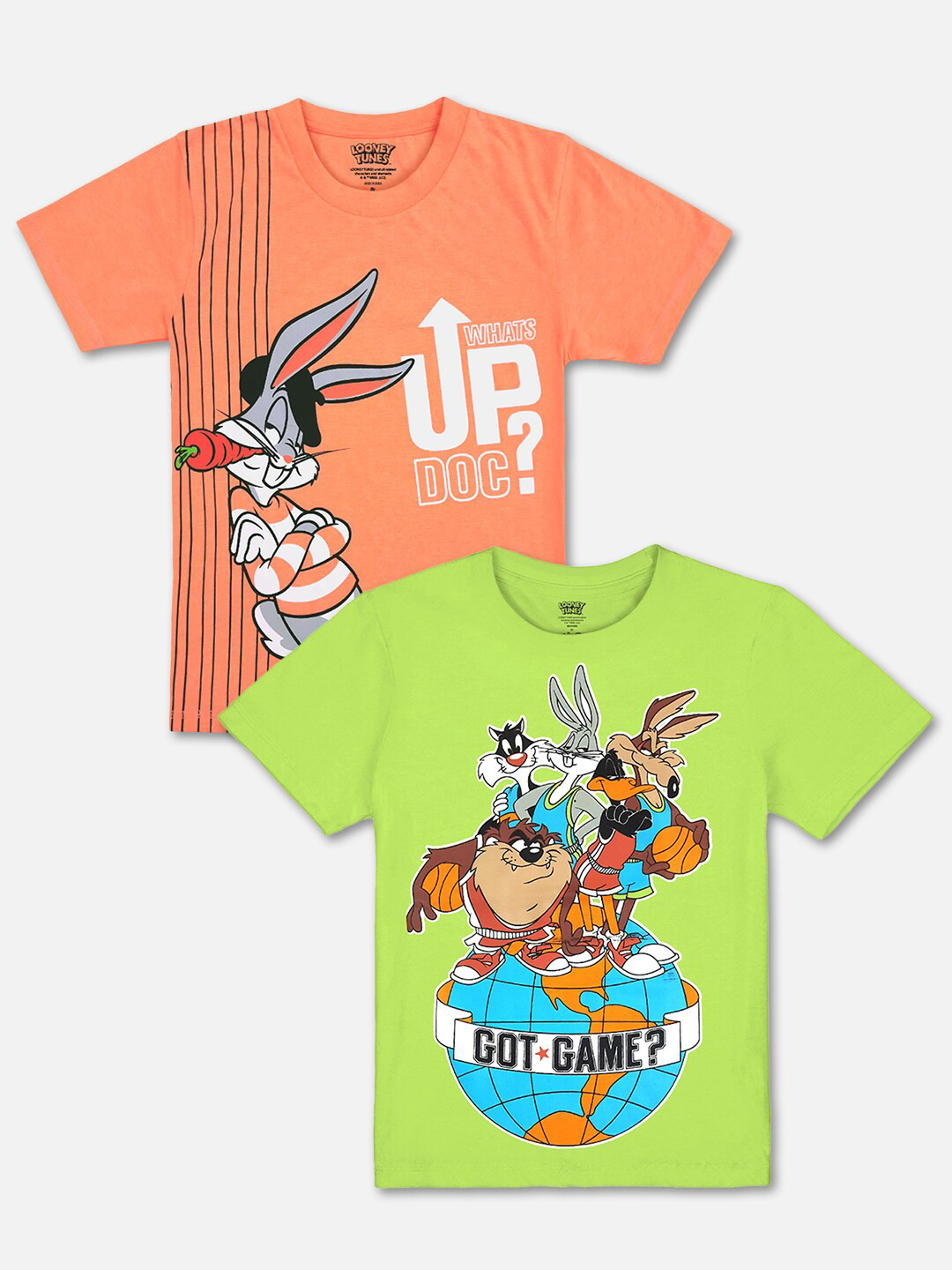 Kids Ville Boys Orange & Green Pack of 2 Looney Tunes Printed T-shirt