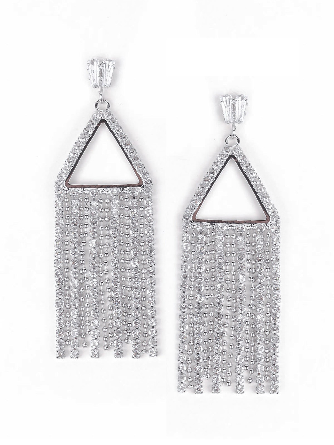 ODETTE Silver-Toned Triangular Crystals Drop Earrings