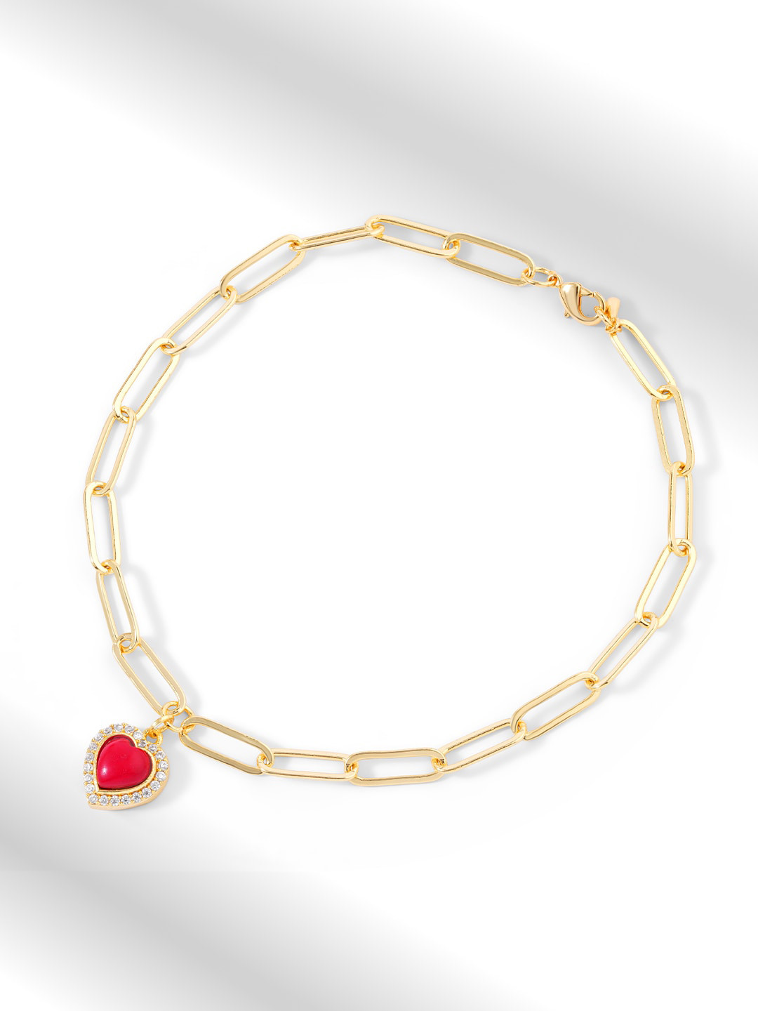 MINUTIAE Gold-Plated Red Onyx & White Crystals Studded Heart Charm Motif Anklet