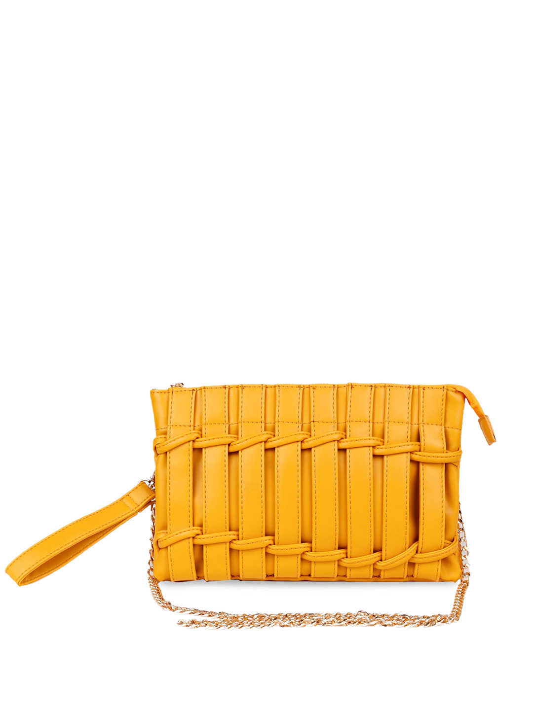 ODETTE Yellow Textured Leather Structured Sling Bag with Quilted