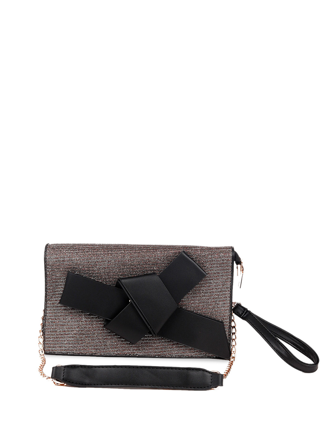 ODETTE Black Colourblocked Structured Sling Bag with Bow Detail