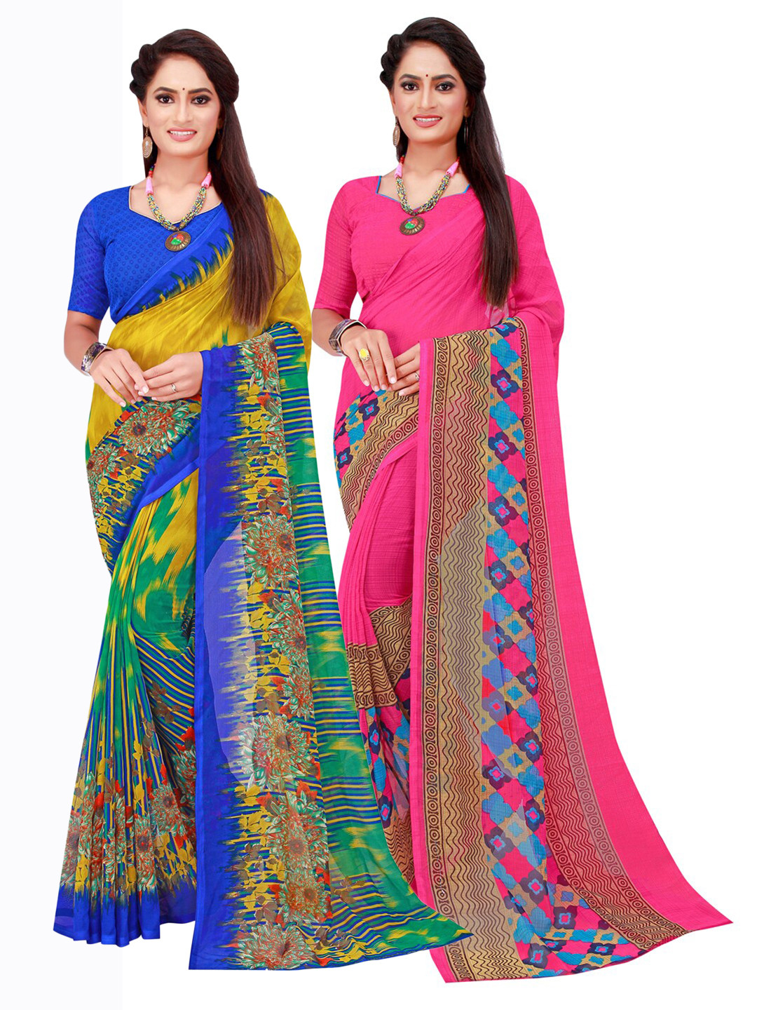 KALINI Magenta & Blue Geometric Print Pack of 2  Pure Georgette Saree