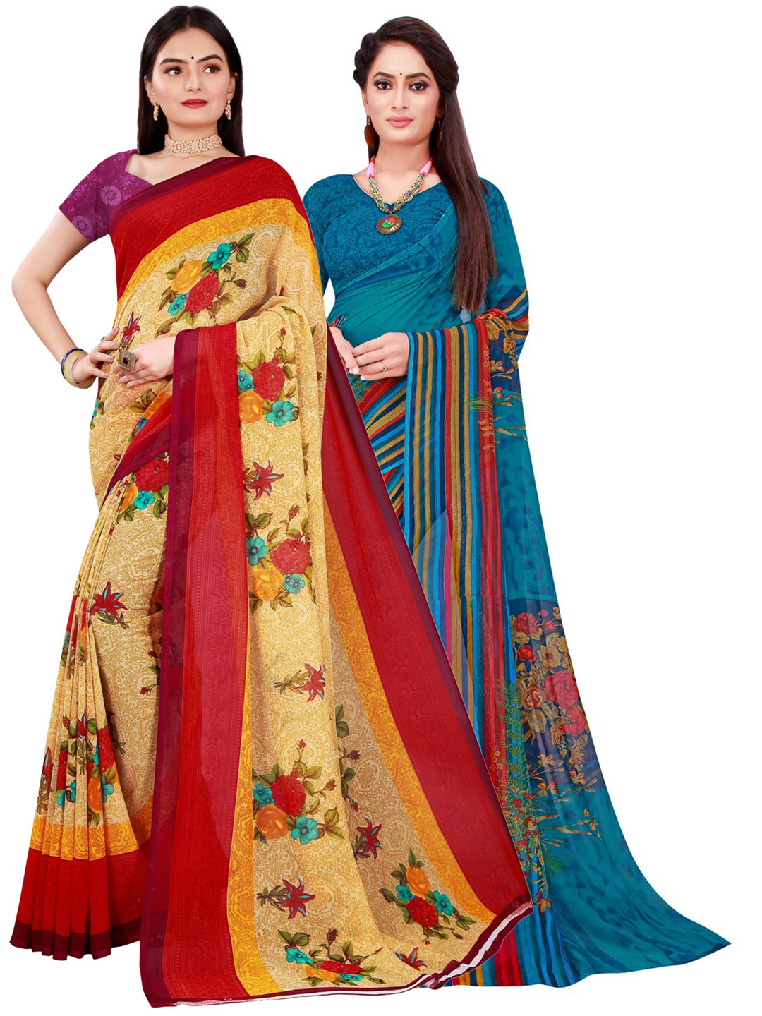 KALINI Beige & Beige Floral Pack of 2 Pure Georgette Saree